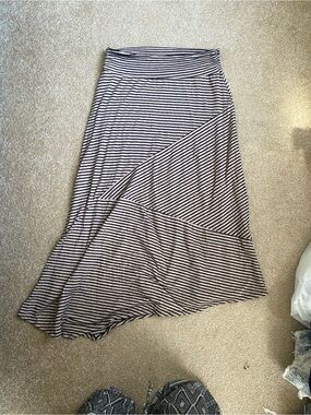 Striped Asymetrical Hem Maxi Skirt in Beige and Black | Boho Quiet Luxury